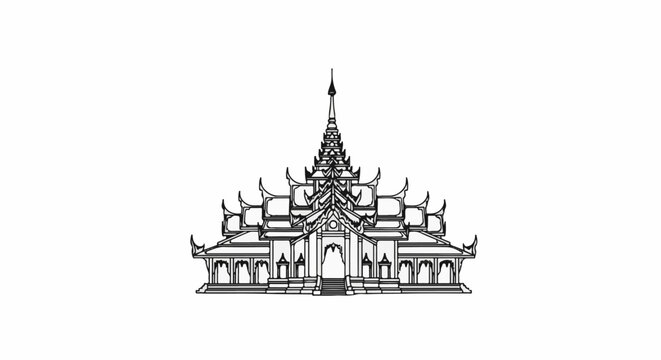 Ornate multi-tiered building with pointed rooflines and arched openings