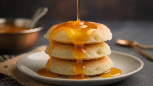 Three stacked traditional Puran poli flatbreads on a white plate with golden melted ghee pouring over the top, set against a dark textured background with a copper bowl and spoon.