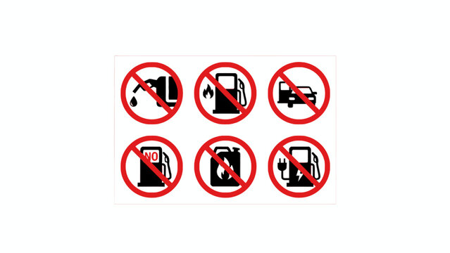 Gas station prohibition signs and no refueling icon set