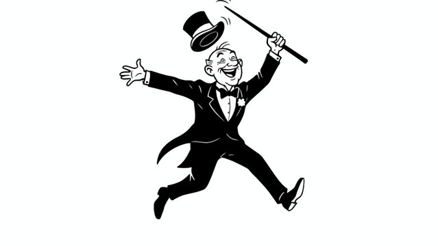 Cartoon Magician Jumping with Top Hat and Cane Illustration