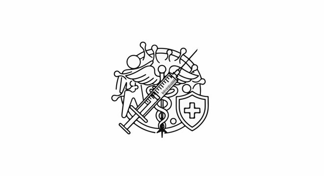 Medical symbol with syringe, virus, shield, and Caduceus