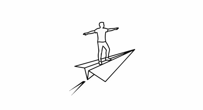 Person stands on paper airplane, arms outstretched, flying with speed