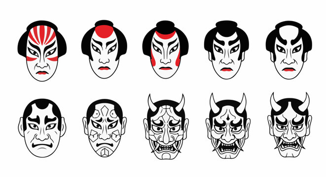 Diverse Japanese theatrical masks, both human and demonic