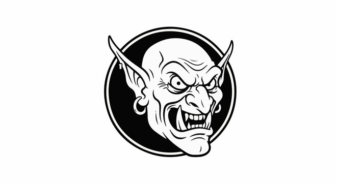 Menacing creature face, sharp teeth, pointed ears, within a black circle
