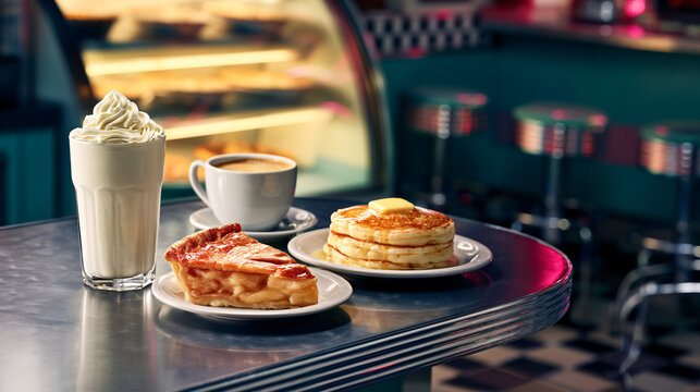 Retro diner still life with milkshake, coffee, pancakes, and pie on a chrome table