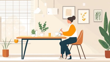 Fototapeta premium Woman eating at table in modern interior with plants and artwork