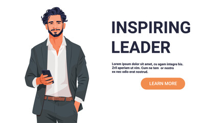 Inspiring leader confident businessman holding smartphone modern office professional character isolated white background website banner