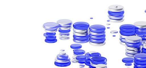 Blue glass and silver metal coin stacks on light gradient 3d background. Floating currency piles, money tokens for casino. Abstract futuristic tech banner with circle geometric shapes