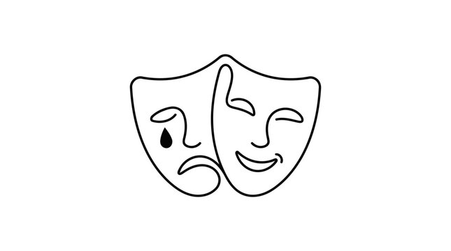 Minimalist continuous line drawing of theater tragedy and comedy mask with tear and smile vector icon.