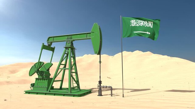 Saudi Arabia oil industry concept with pumpjack and national flag in desert landscape. 3D Render