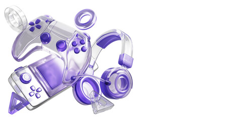 3d glass gaming gadgets - transparent and purple wireless controller, gamepad joystick, handheld video game console and headphones. Videogame devices flying on grey render background © marozhkastudio