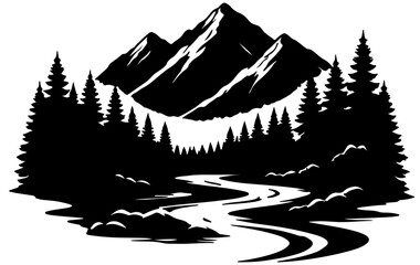 Mountain Landscape Silhouette with Pine Forest and Winding River Black and White Vector Illustration isolated on transparent background © MDALAMGIR