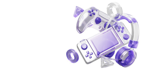 Video game 3d banner with flying transparent purple controller gamepad, handheld gaming console, wireless headphones. Videogame background with remote control joystick and buttons © marozhkastudio