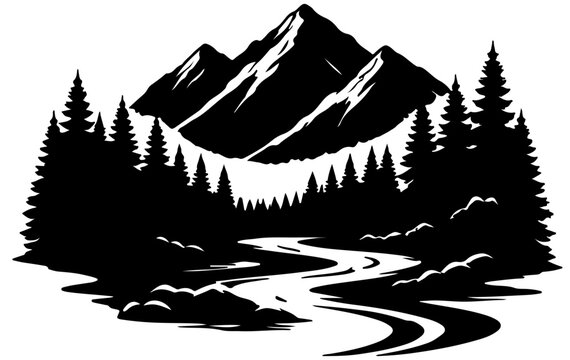 Mountain Landscape Silhouette with Pine Forest and Winding River Black and White Vector Illustration isolated on transparent background