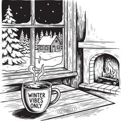 Obraz premium Cozy winter evening by the fireplace with a steaming cup of hot drink. hand drawing illustration vector