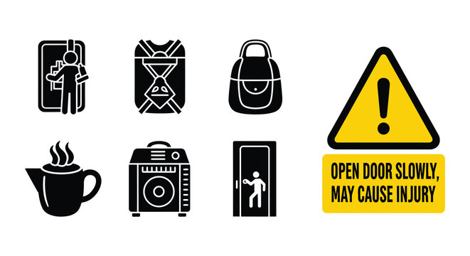 Warning signs depicting door safety and potential hazards