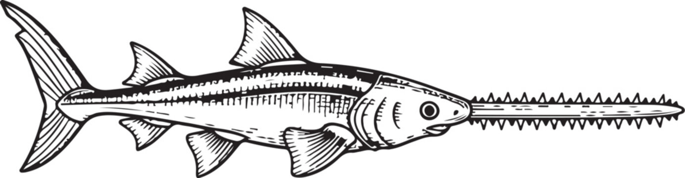 Illustration of a sawfish with a distinctive elongated snout and serrated edges hand drawing illustration vector