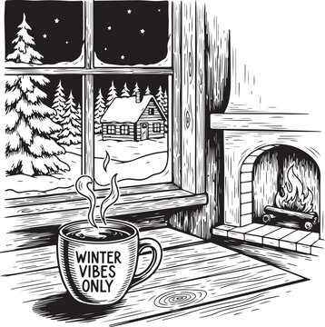 Cozy winter evening by the fireplace with a steaming cup of hot drink. hand drawing illustration vector