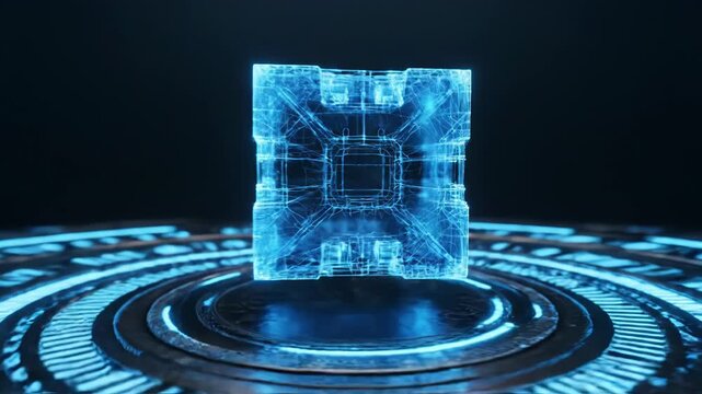Holographic glowing blue cube floating above a futuristic circular technology platform in a dark environment