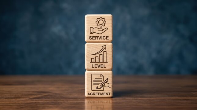 Wooden blocks spelling service level agreement on a table.