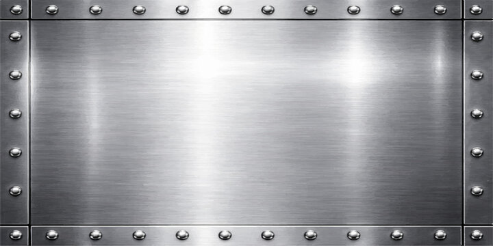Industrial stainless steel plate background with a brushed metallic texture featuring a shiny silver surface and rivets for a gray chrome pattern design