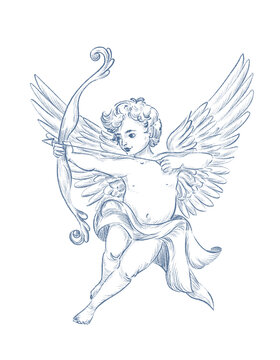 Line art blue angel praying cupidon with bow in hands