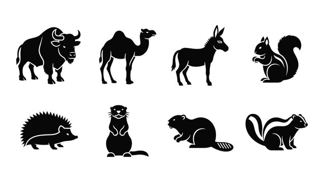 A collection of various animal shapes depicted in a flat black style including a bison camel and squirrel silhouette high quality