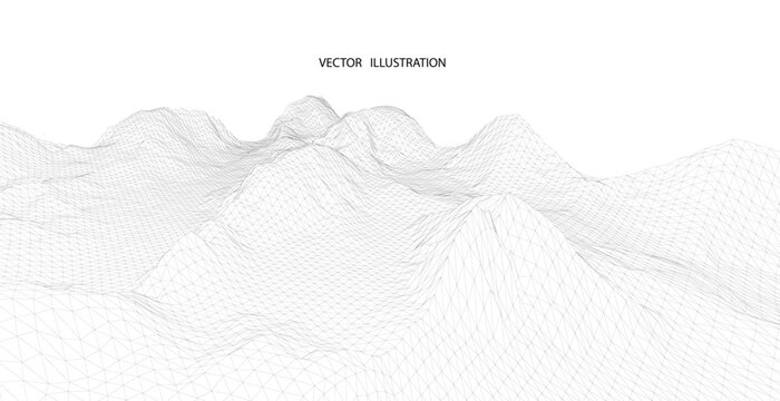3D wireframe of contour swirl. Abstract wireframe background. Black and white wave.