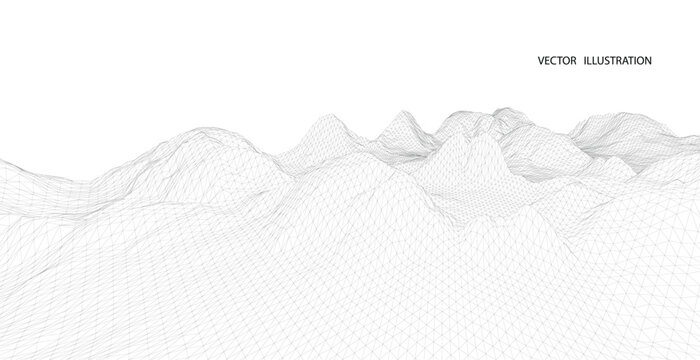 3D wireframe of contour swirl. Abstract wireframe background. Black and white wave.