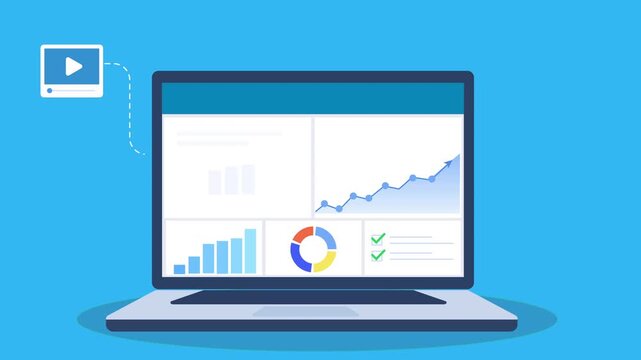 Flat animation of a laptop displaying analytics dashboard with video file import and rising charts, illustrating media data processing, digital insights, and performance monitoring.