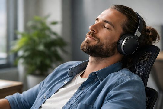 A man reclines with headphones and closed eyes in an office chair, representing audio breaks, decompression, and sustainable focus during work