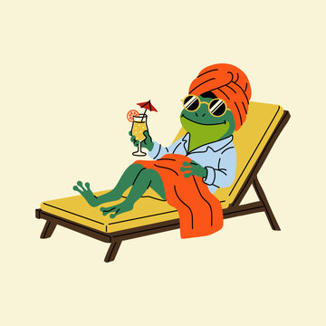 Cute Frog Enjoying Vacation with Drink on Deck Chair