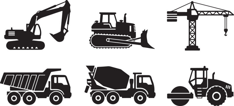 Black and white of various vehicles and machinery truck motorcycle