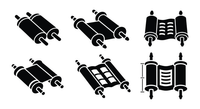 Collection of black and white scroll illustrations in varying orientations