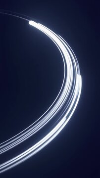 Dynamic light painting motion with white glowing trails on dark background, creating abstract fluid curves, symbolizing energy, data flow