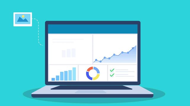 Flat animation of a laptop displaying analytics dashboard with image file import and rising charts, illustrating media data processing, digital insights, and performance monitoring.