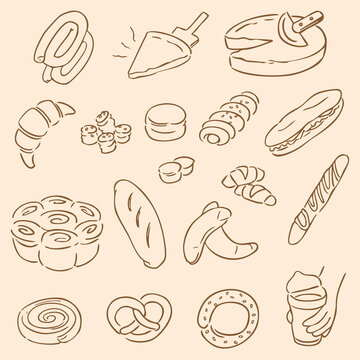 Collection of assorted baked goods illustrations in hand-drawn line art style, featuring baked goods commonly sold in Serbian bakeries