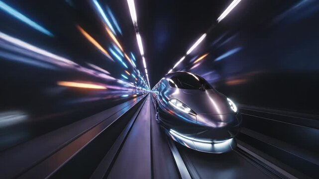 Futuristic highspeed train traveling through a sleek illuminated tunnel with motion blur representing advanced transportation technology