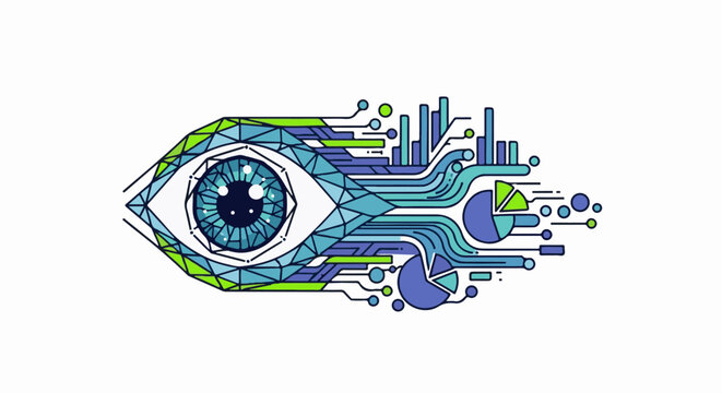 Futuristic eye merges with digital data streams and charts