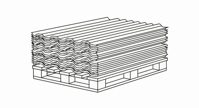 Stacked corrugated roofing sheets on a wooden pallet, drawn in line art