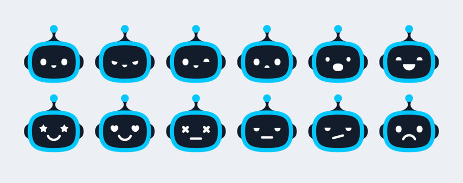 AI chatbot bot head emotions and facial expressions kit. Blue robot assistant face icons with happy, sad, angry and surprised moods for mobile app UI UX design