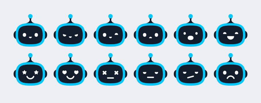 AI chatbot bot head emotions and facial expressions kit. Blue robot assistant face icons with happy, sad, angry and surprised moods for mobile app UI UX design