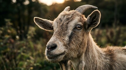 Fototapeta premium Stunning close-up photos capture a domestic goat in a serene natural setting, showcasing its unique features during golden hour