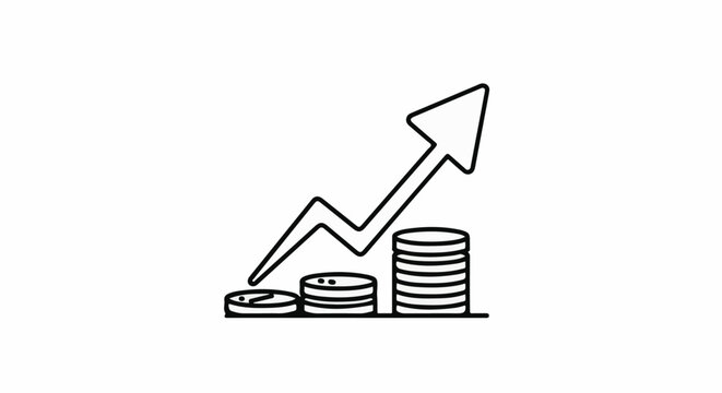 Stacks of coins with an upward trending arrow symbolizing growth