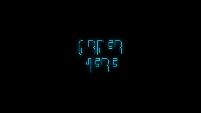 Neon Order Here Sign Animation with Glowing Blue Text and Pink Yellow Frame on Black Background Loop