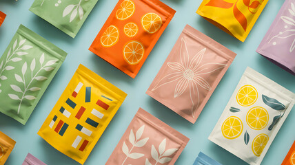 Colorful stand-up pouches with botanical and citrus fruit designs on light blue background, top view pattern
