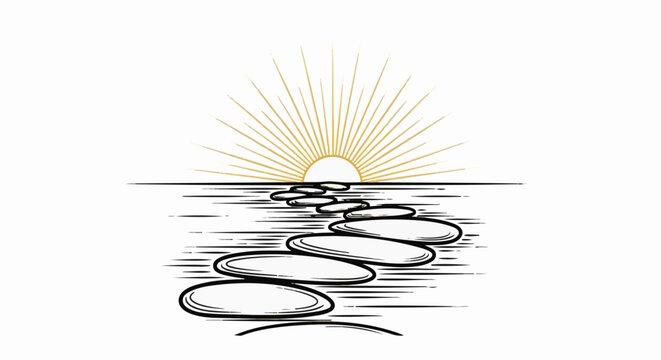 Stepping stones lead to a sunburst over a water surface