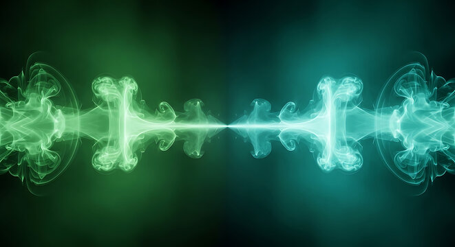 Abstract light show of vibrant green and teal energy forms meeting in the center