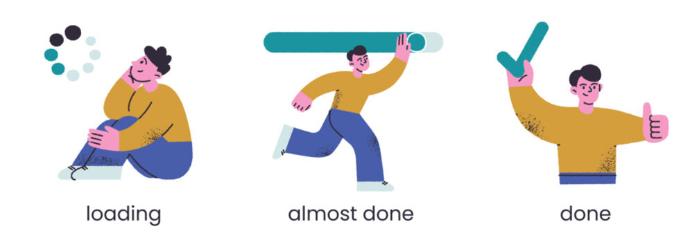 Loading progress bar scene set, flat cartoon man waiting and watching progress, almost done and completed states. Done character holding big checkmark, empty state vector illustration