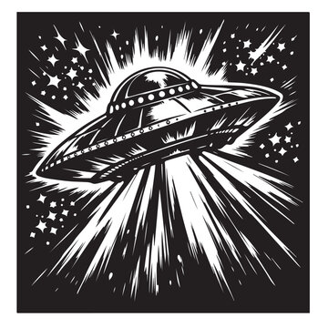 UFO Silhouette Vector, Flying Saucer with Abduction Beam, Black and White Sci Fi Illustration